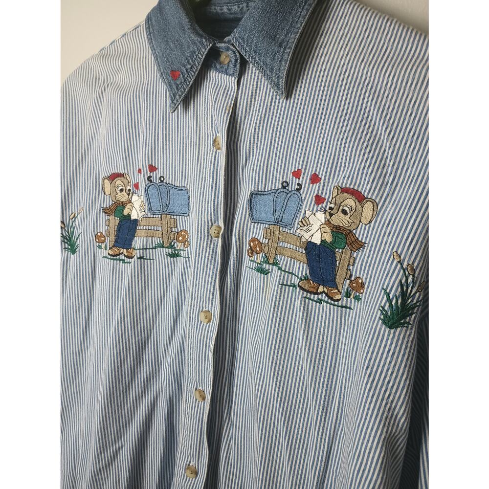 Women's Vtg Quizz Mouse Mushroom Valentines Love Embroidery Button up Collar 18 - Picture 2 of 6